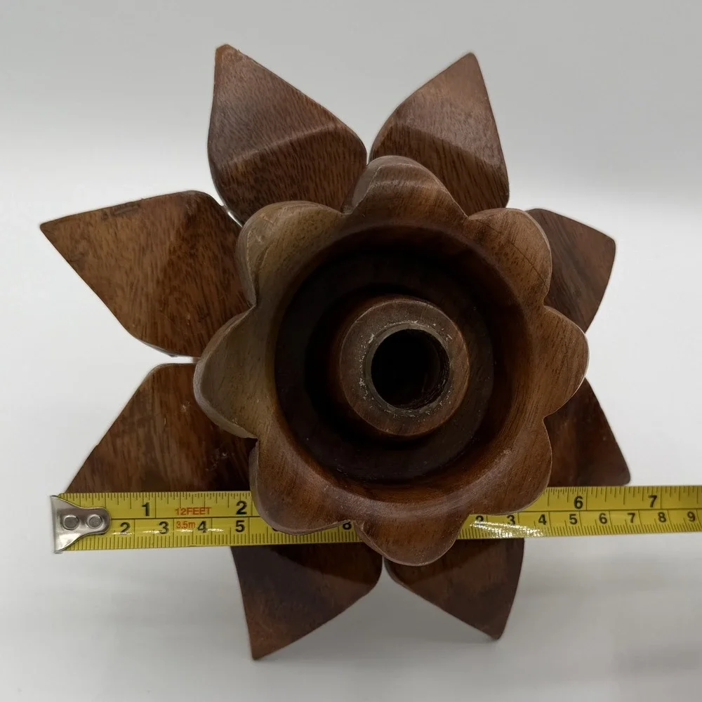 Vintage Hand Carved Wooden Lotus Flower‎ Candle Holder Philippine Handicrafts